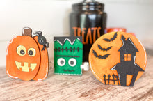 Load image into Gallery viewer, Pumpkin, Frankenstein and House  Halloween Stand Up Sign
